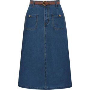 Denim Skirt with Belt Below Knee Length Dark Blue